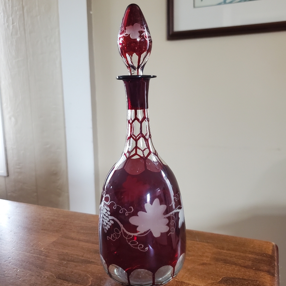 Hand-Blown Ruby Red Etched Glass Decanter with Stopper Bohemian Art Glass